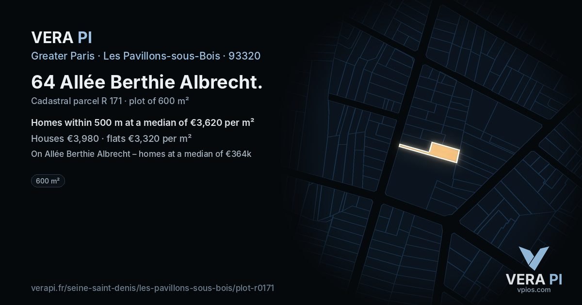 64 Allée Berthie Albrecht, Les Pavillons-sous-Bois at night – the plot lit, the parcels around coloured by the prices near them