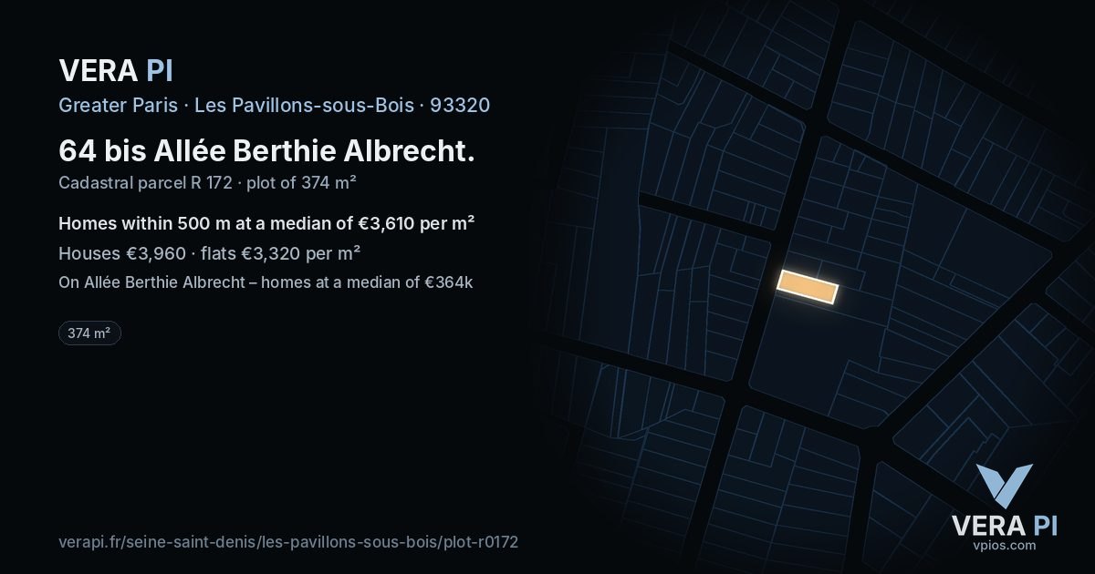 64 bis Allée Berthie Albrecht, Les Pavillons-sous-Bois at night – the plot lit, the parcels around coloured by the prices near them