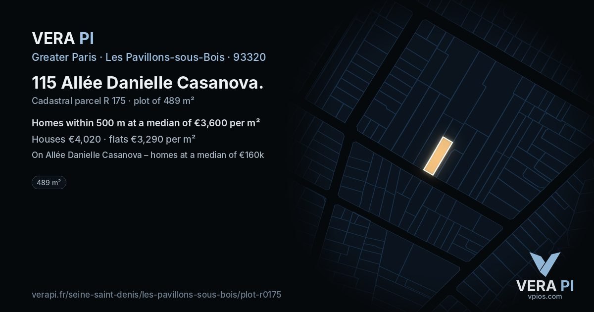 115 Allée Danielle Casanova, Les Pavillons-sous-Bois at night – the plot lit, the parcels around coloured by the prices near them