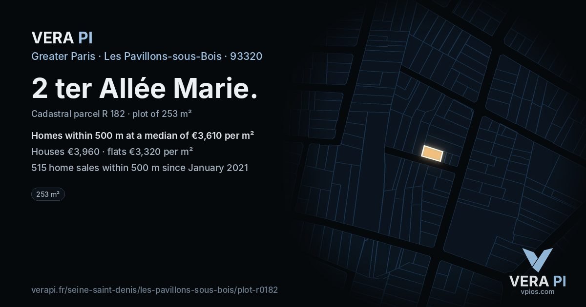 2 ter Allée Marie, Les Pavillons-sous-Bois at night – the plot lit, the parcels around coloured by the prices near them