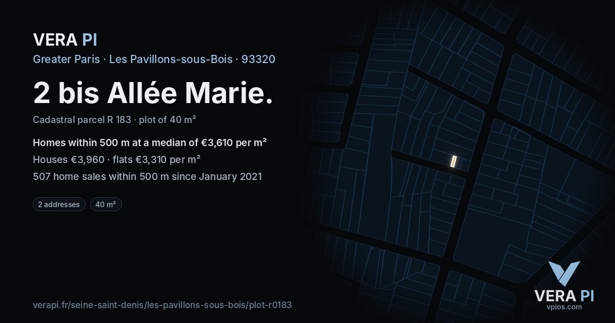 2 bis Allée Marie, Les Pavillons-sous-Bois at night – the plot lit, the parcels around coloured by the prices near them
