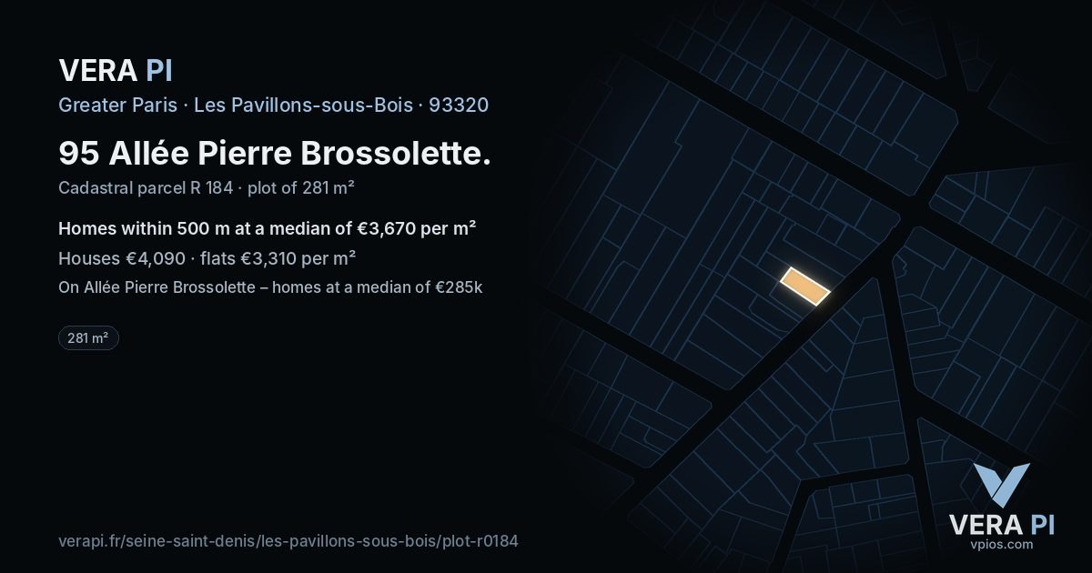 95 Allée Pierre Brossolette, Les Pavillons-sous-Bois at night – the plot lit, the parcels around coloured by the prices near them