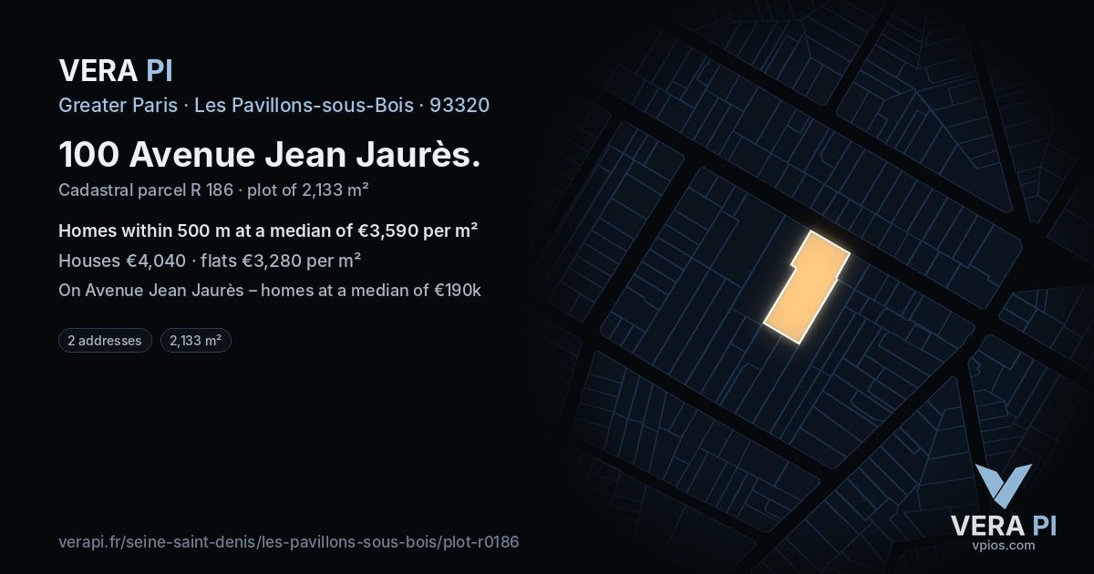 100 Avenue Jean Jaurès, Les Pavillons-sous-Bois at night – the plot lit, the parcels around coloured by the prices near them