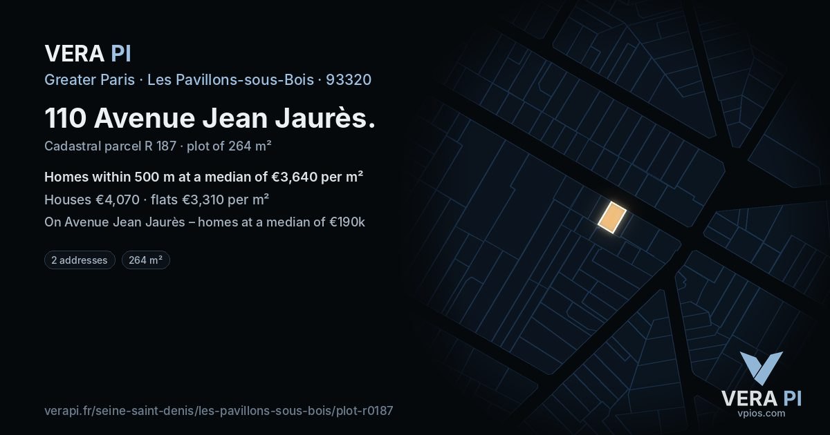 110 Avenue Jean Jaurès, Les Pavillons-sous-Bois at night – the plot lit, the parcels around coloured by the prices near them