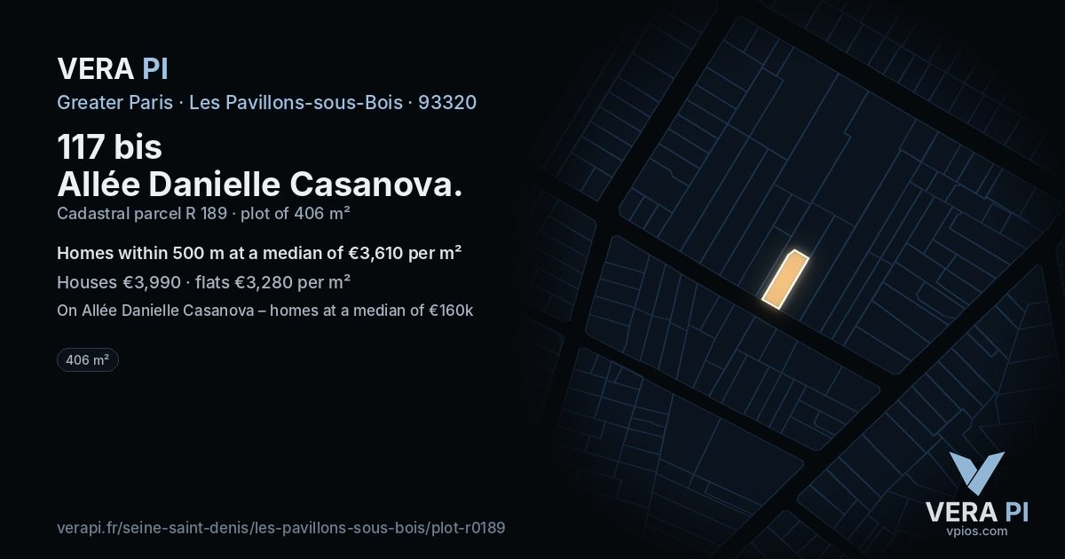 117 bis Allée Danielle Casanova, Les Pavillons-sous-Bois at night – the plot lit, the parcels around coloured by the prices near them
