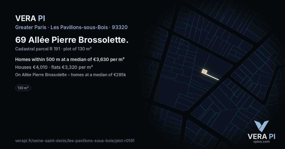 69 Allée Pierre Brossolette, Les Pavillons-sous-Bois at night – the plot lit, the parcels around coloured by the prices near them