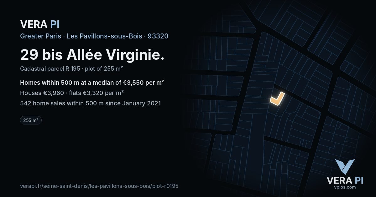 29 bis Allée Virginie, Les Pavillons-sous-Bois at night – the plot lit, the parcels around coloured by the prices near them
