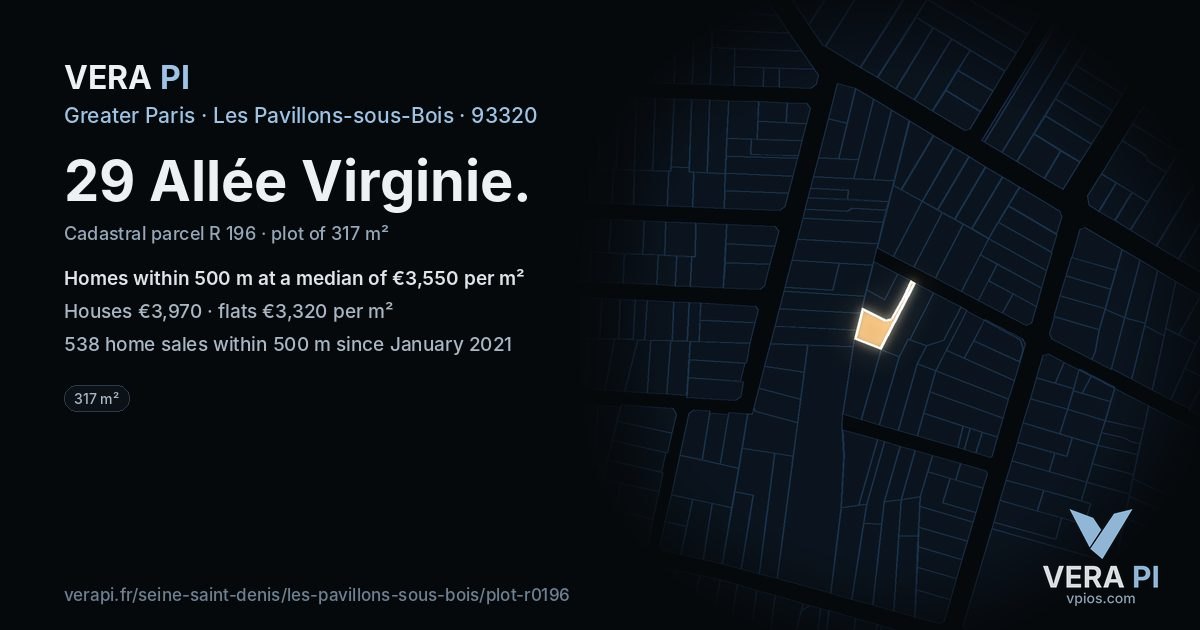 29 Allée Virginie, Les Pavillons-sous-Bois at night – the plot lit, the parcels around coloured by the prices near them