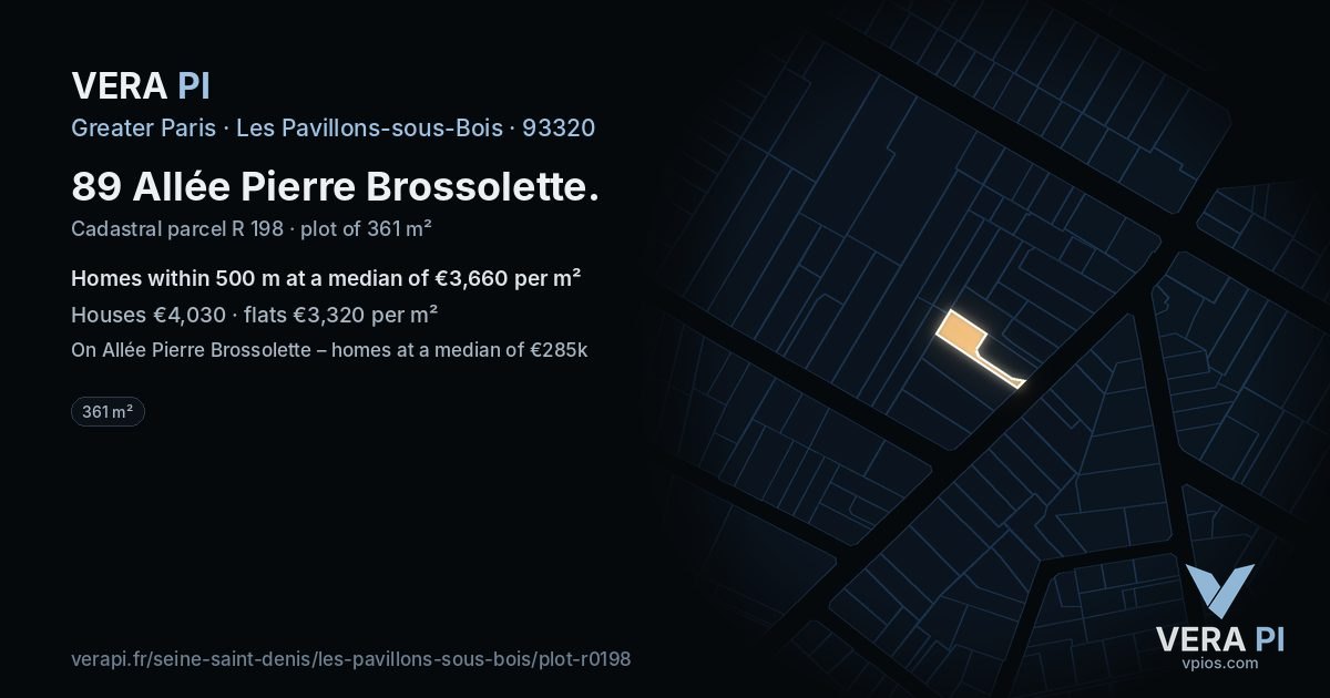 89 Allée Pierre Brossolette, Les Pavillons-sous-Bois at night – the plot lit, the parcels around coloured by the prices near them