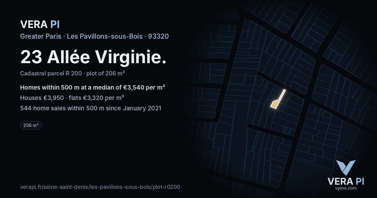 23 Allée Virginie, Les Pavillons-sous-Bois at night – the plot lit, the parcels around coloured by the prices near them