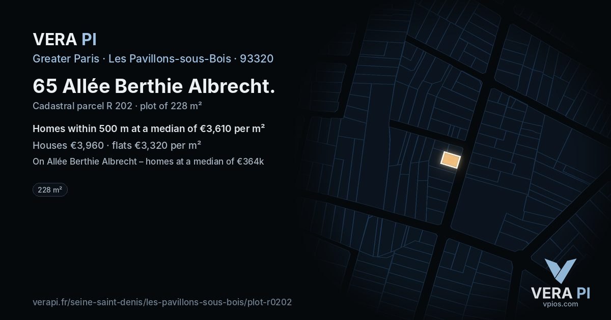 65 Allée Berthie Albrecht, Les Pavillons-sous-Bois at night – the plot lit, the parcels around coloured by the prices near them