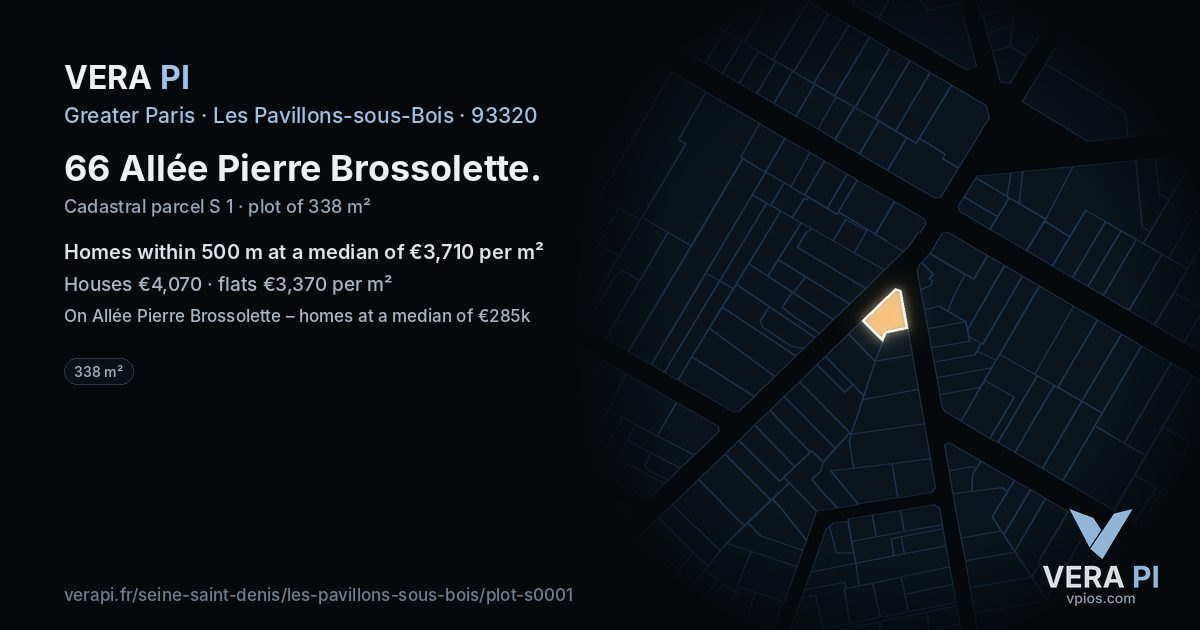 66 Allée Pierre Brossolette, Les Pavillons-sous-Bois at night – the plot lit, the parcels around coloured by the prices near them