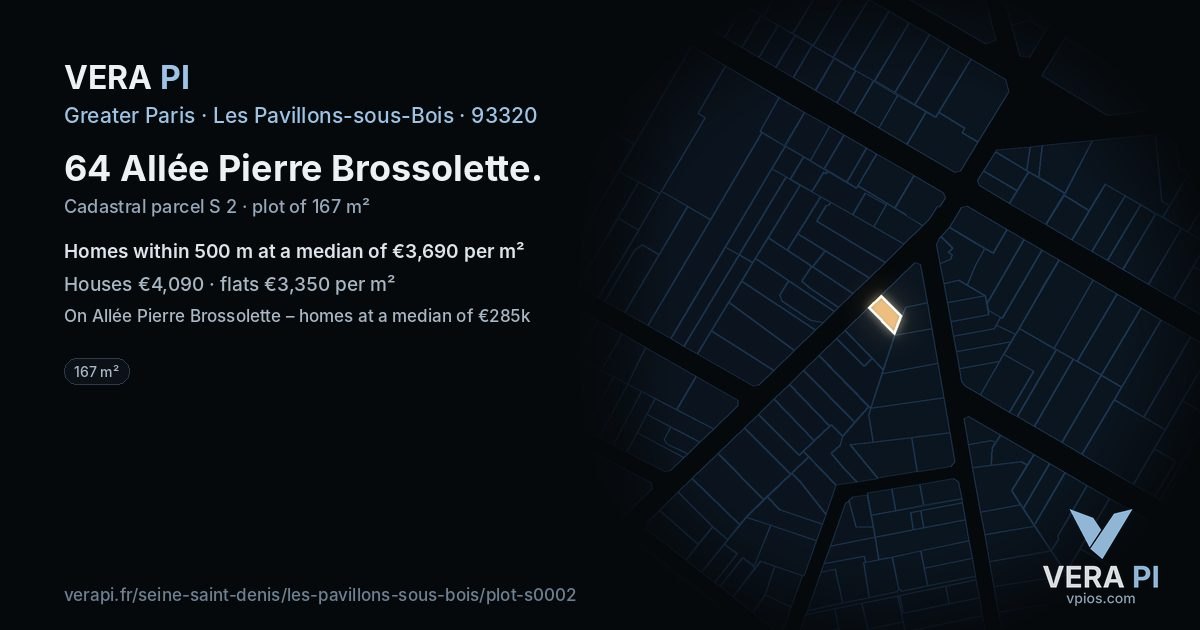 64 Allée Pierre Brossolette, Les Pavillons-sous-Bois at night – the plot lit, the parcels around coloured by the prices near them