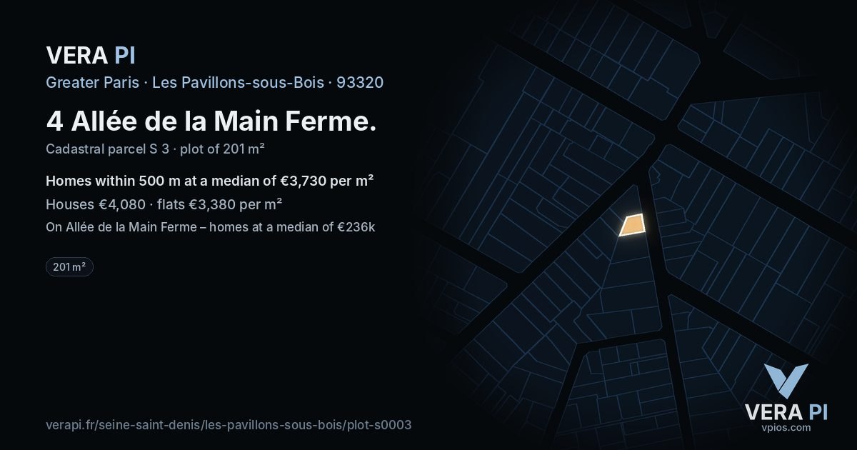 4 Allée de la Main Ferme, Les Pavillons-sous-Bois at night – the plot lit, the parcels around coloured by the prices near them