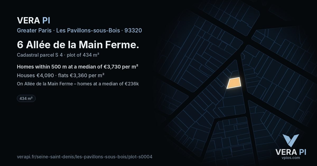 6 Allée de la Main Ferme, Les Pavillons-sous-Bois at night – the plot lit, the parcels around coloured by the prices near them
