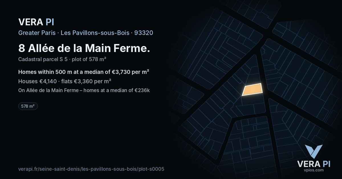 8 Allée de la Main Ferme, Les Pavillons-sous-Bois at night – the plot lit, the parcels around coloured by the prices near them