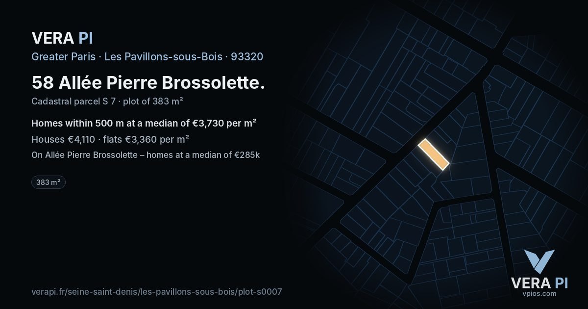 58 Allée Pierre Brossolette, Les Pavillons-sous-Bois at night – the plot lit, the parcels around coloured by the prices near them