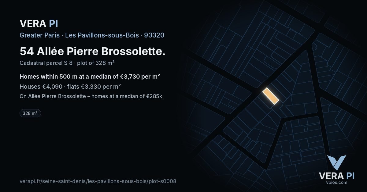 54 Allée Pierre Brossolette, Les Pavillons-sous-Bois at night – the plot lit, the parcels around coloured by the prices near them