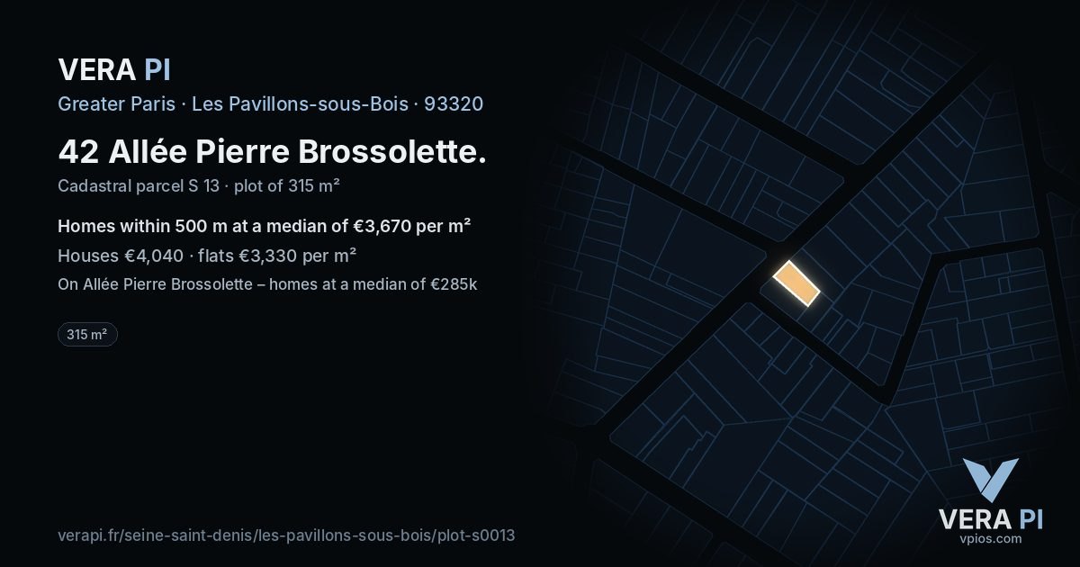 42 Allée Pierre Brossolette, Les Pavillons-sous-Bois at night – the plot lit, the parcels around coloured by the prices near them