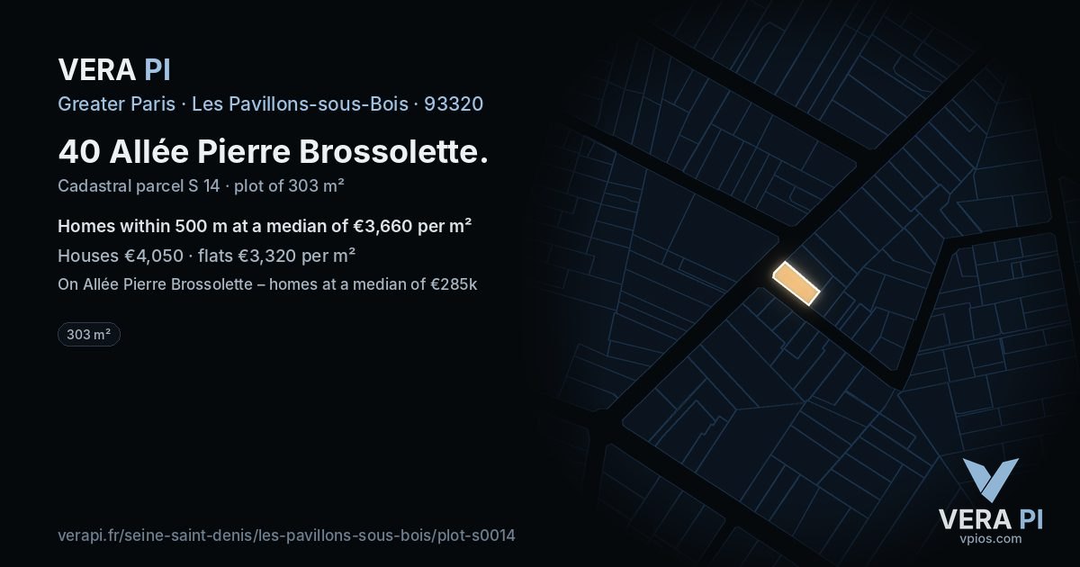 40 Allée Pierre Brossolette, Les Pavillons-sous-Bois at night – the plot lit, the parcels around coloured by the prices near them