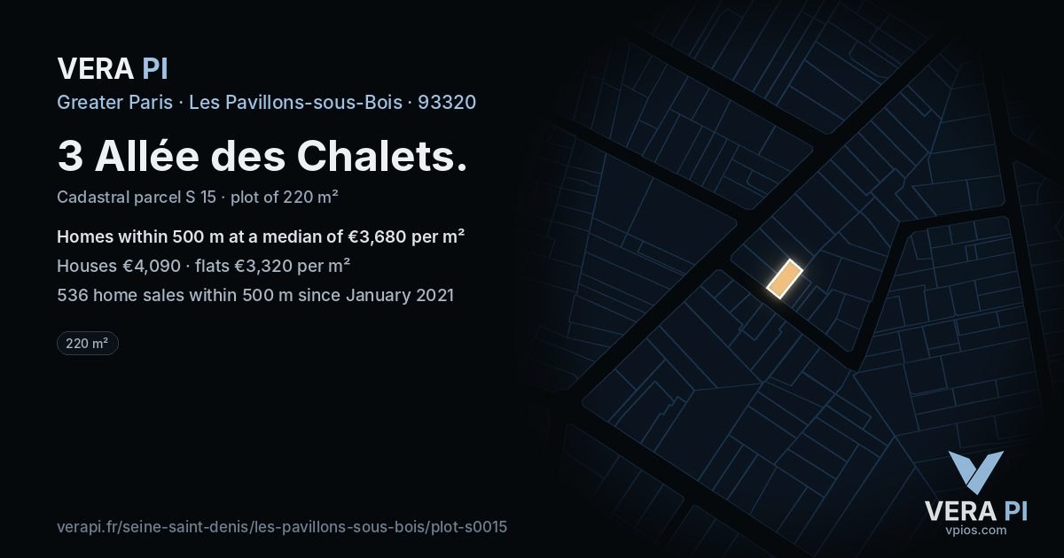 3 Allée des Chalets, Les Pavillons-sous-Bois at night – the plot lit, the parcels around coloured by the prices near them