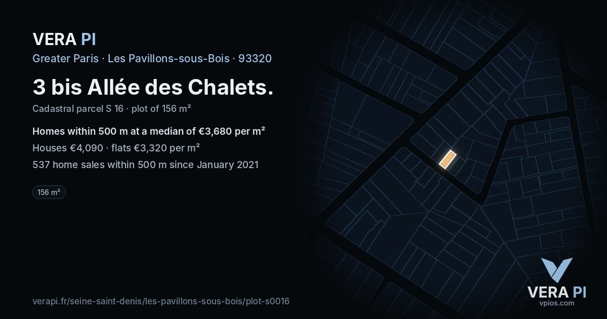 3 bis Allée des Chalets, Les Pavillons-sous-Bois at night – the plot lit, the parcels around coloured by the prices near them