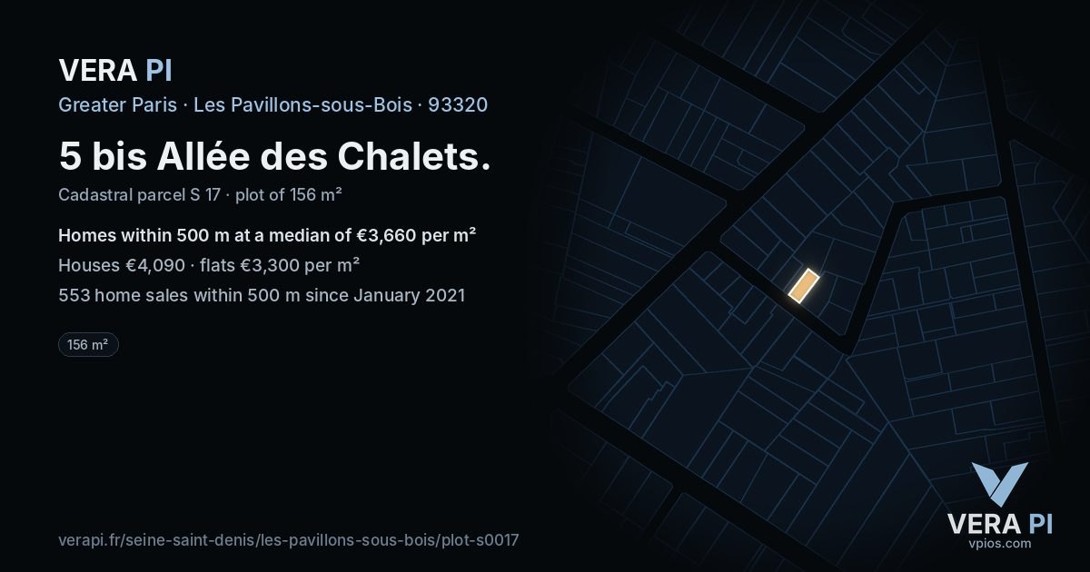 5 bis Allée des Chalets, Les Pavillons-sous-Bois at night – the plot lit, the parcels around coloured by the prices near them
