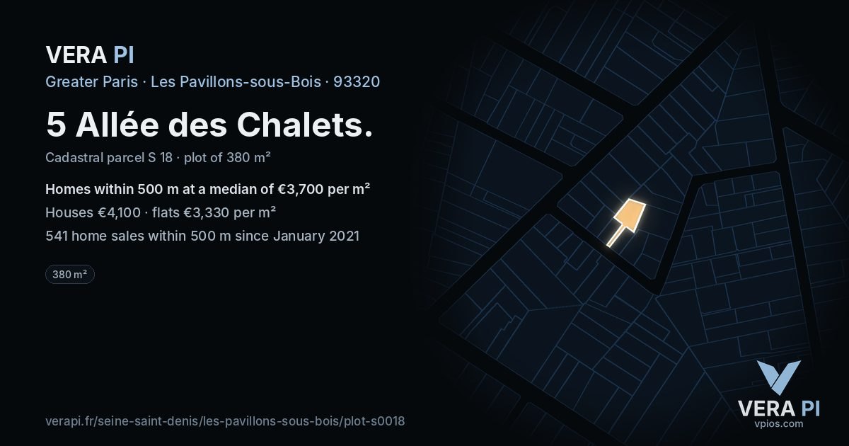 5 Allée des Chalets, Les Pavillons-sous-Bois at night – the plot lit, the parcels around coloured by the prices near them