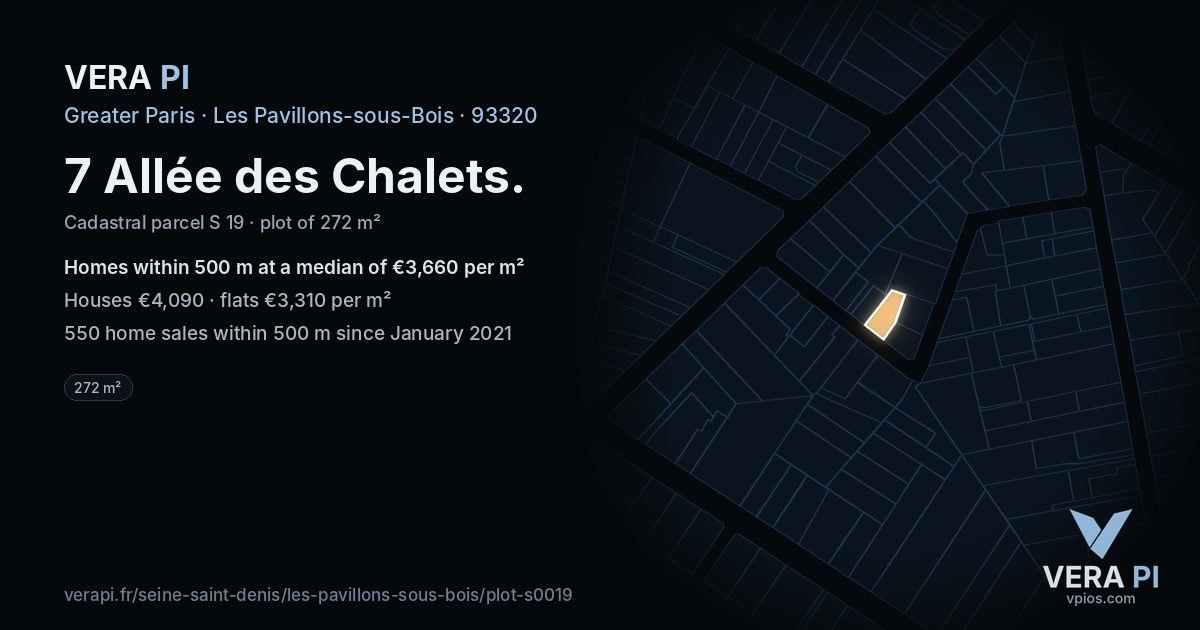 7 Allée des Chalets, Les Pavillons-sous-Bois at night – the plot lit, the parcels around coloured by the prices near them