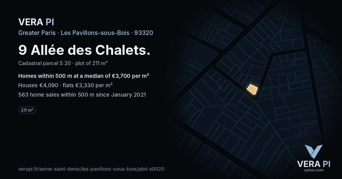 9 Allée des Chalets, Les Pavillons-sous-Bois at night – the plot lit, the parcels around coloured by the prices near them