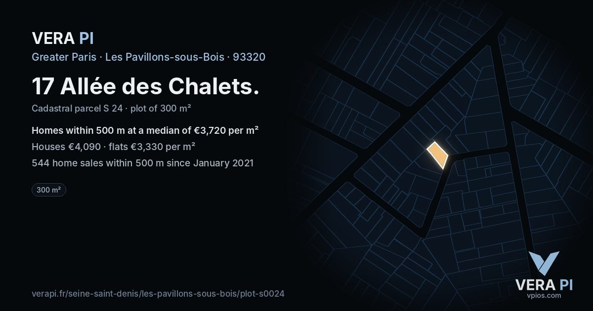 17 Allée des Chalets, Les Pavillons-sous-Bois at night – the plot lit, the parcels around coloured by the prices near them