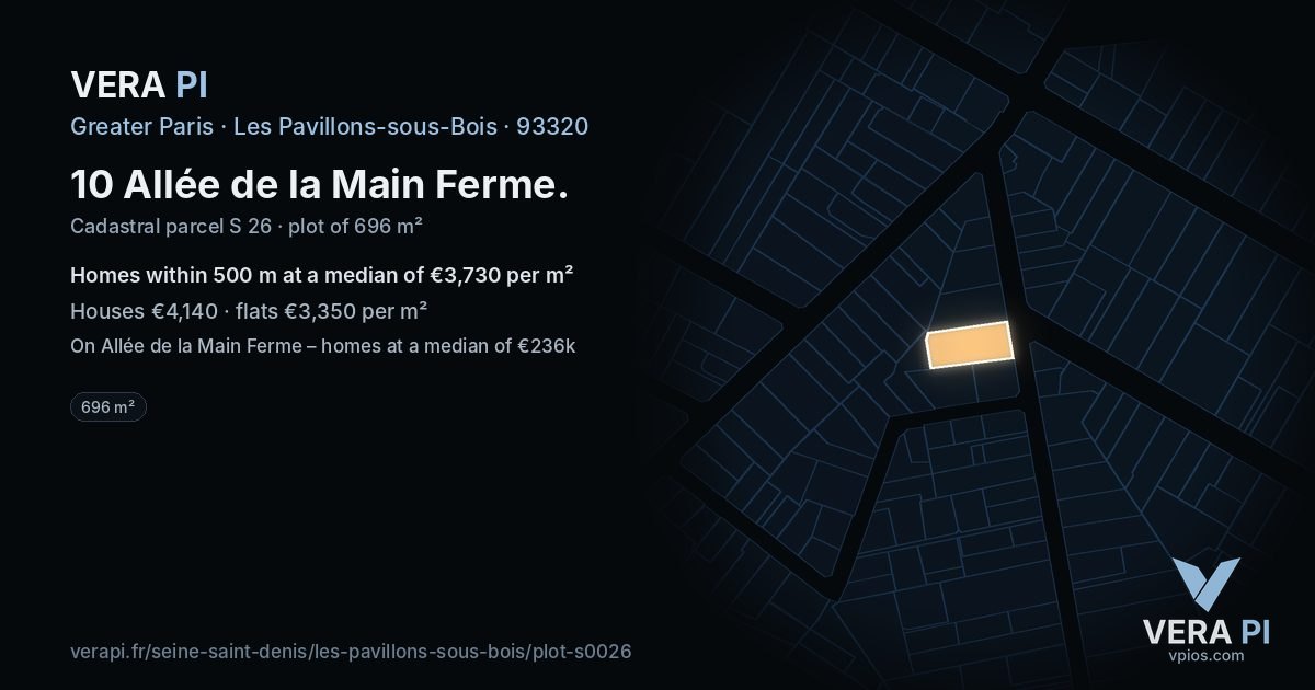 10 Allée de la Main Ferme, Les Pavillons-sous-Bois at night – the plot lit, the parcels around coloured by the prices near them
