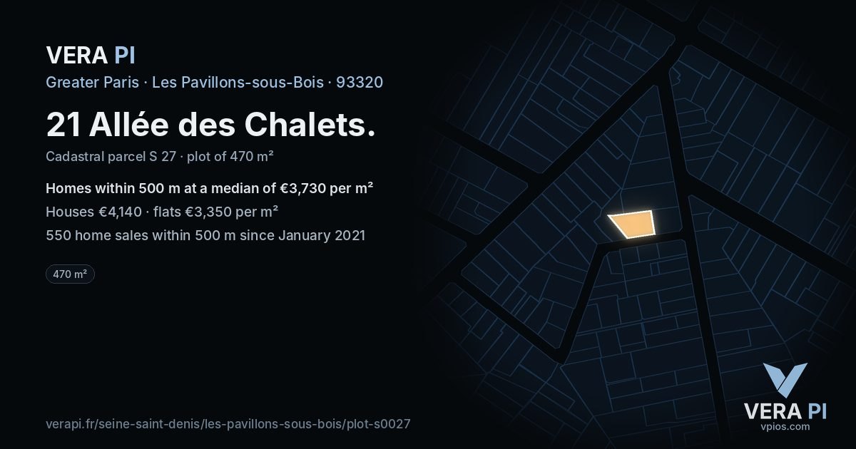 21 Allée des Chalets, Les Pavillons-sous-Bois at night – the plot lit, the parcels around coloured by the prices near them