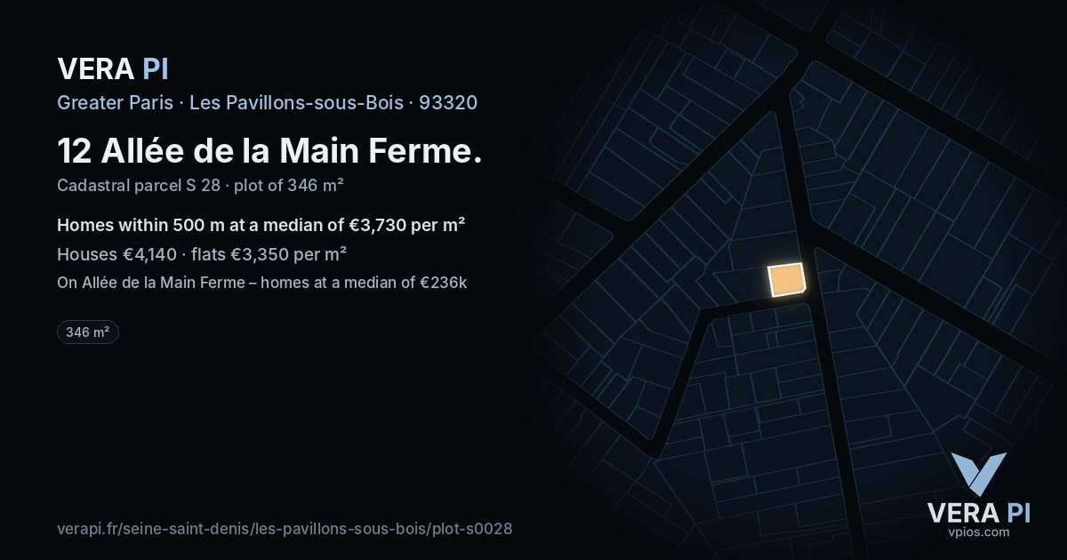 12 Allée de la Main Ferme, Les Pavillons-sous-Bois at night – the plot lit, the parcels around coloured by the prices near them