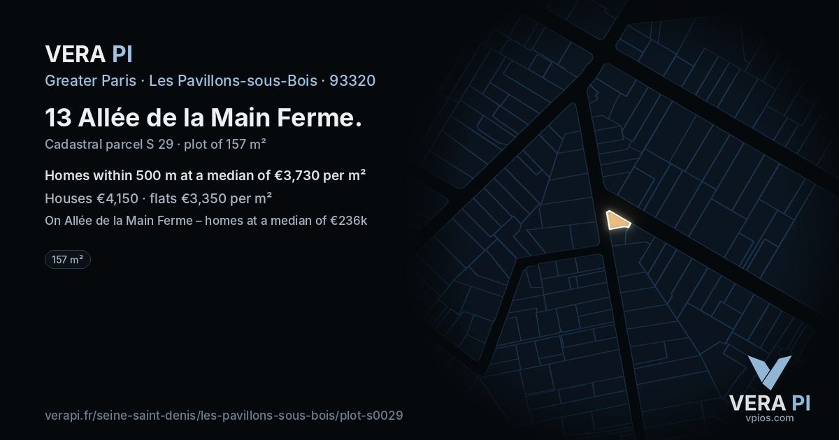 13 Allée de la Main Ferme, Les Pavillons-sous-Bois at night – the plot lit, the parcels around coloured by the prices near them