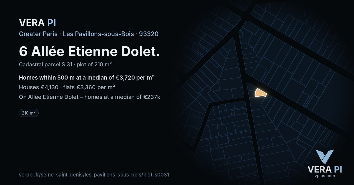 6 Allée Etienne Dolet, Les Pavillons-sous-Bois at night – the plot lit, the parcels around coloured by the prices near them