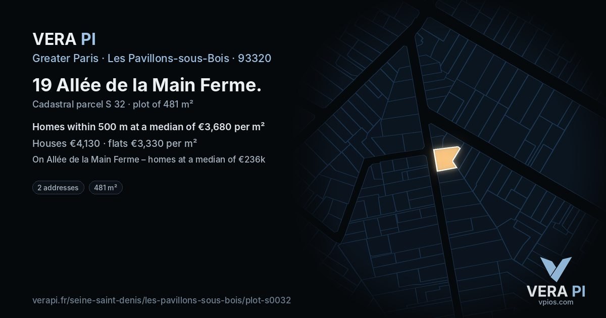19 Allée de la Main Ferme, Les Pavillons-sous-Bois at night – the plot lit, the parcels around coloured by the prices near them