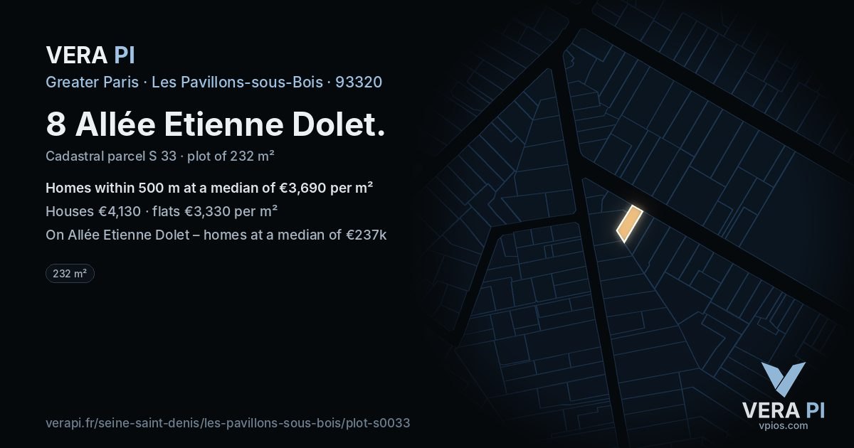 8 Allée Etienne Dolet, Les Pavillons-sous-Bois at night – the plot lit, the parcels around coloured by the prices near them