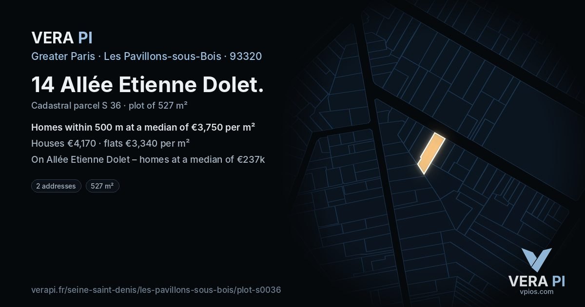 14 Allée Etienne Dolet, Les Pavillons-sous-Bois at night – the plot lit, the parcels around coloured by the prices near them