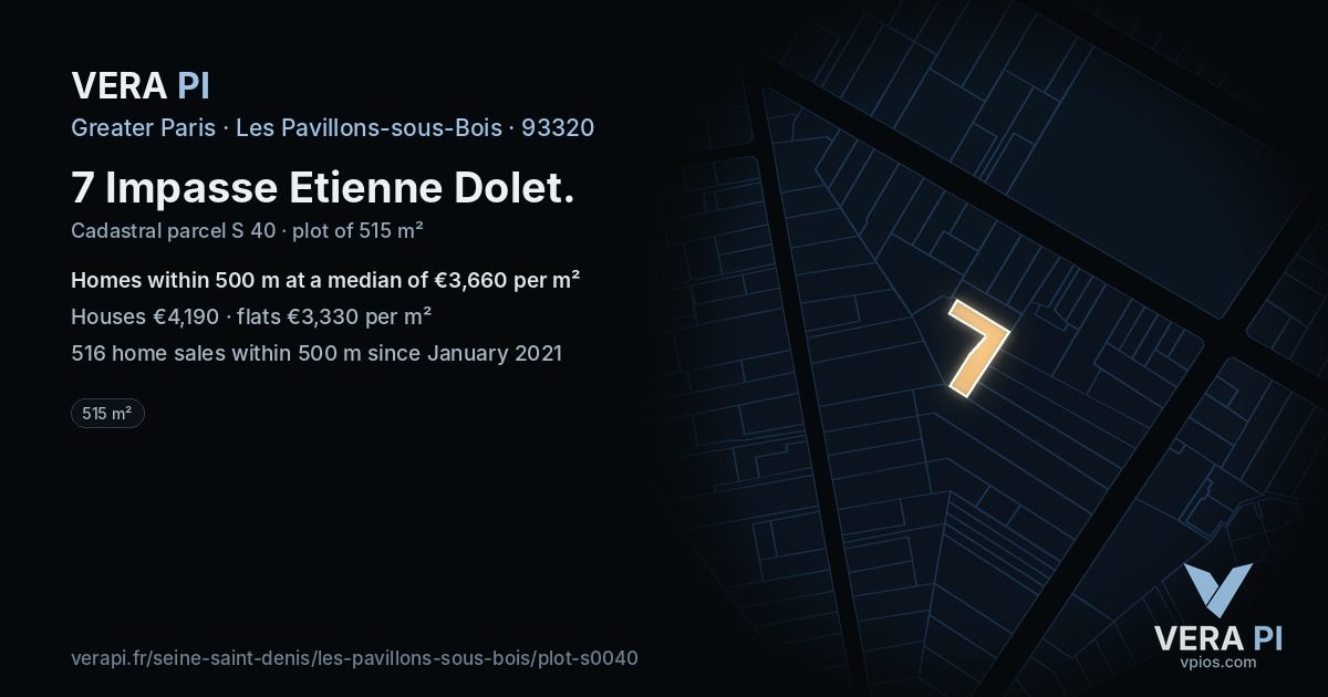 7 Impasse Etienne Dolet, Les Pavillons-sous-Bois at night – the plot lit, the parcels around coloured by the prices near them