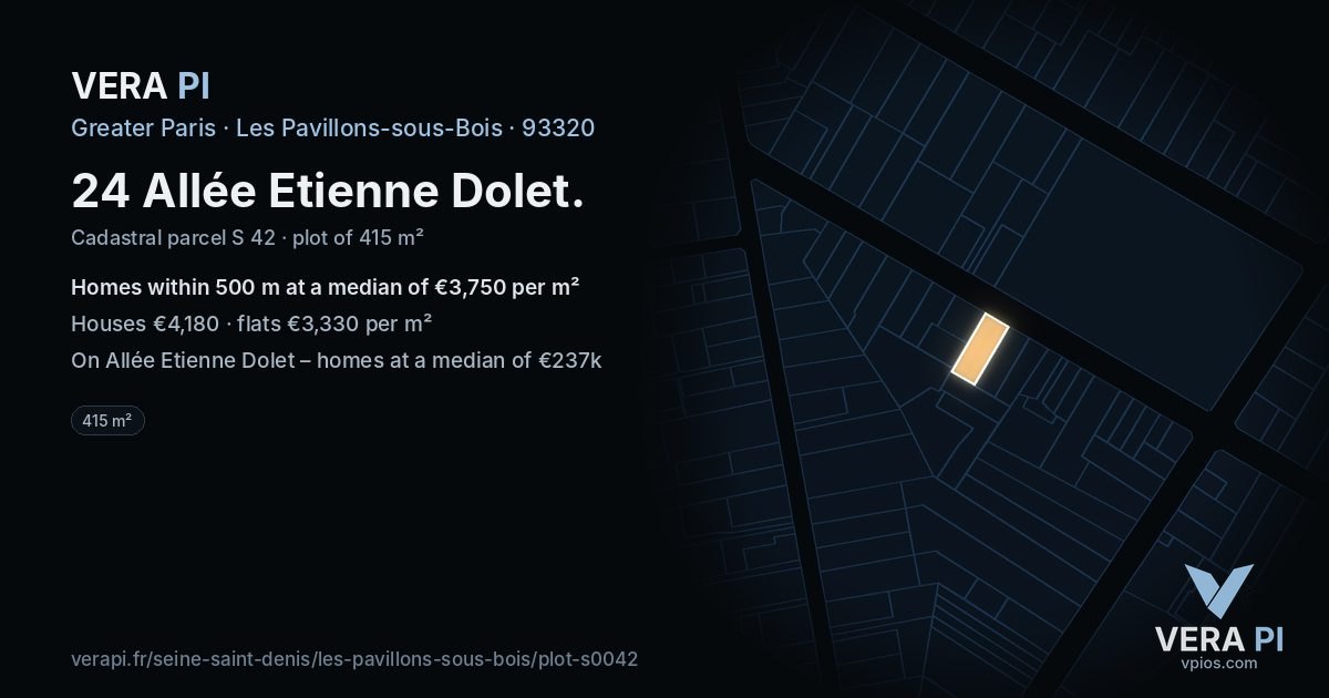24 Allée Etienne Dolet, Les Pavillons-sous-Bois at night – the plot lit, the parcels around coloured by the prices near them