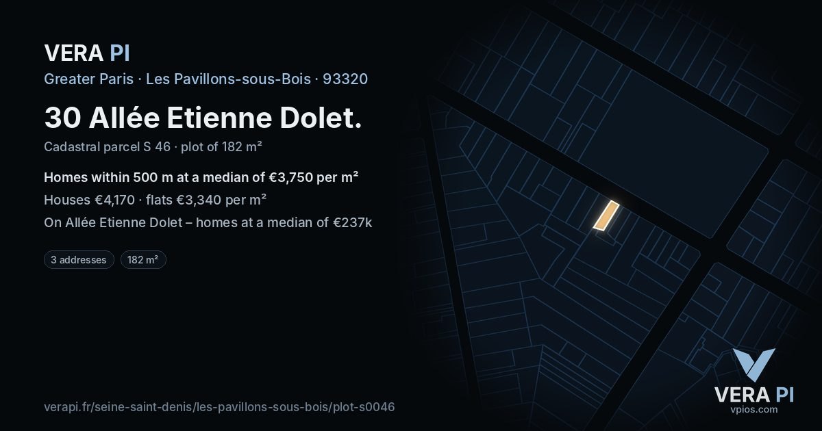 30 Allée Etienne Dolet, Les Pavillons-sous-Bois at night – the plot lit, the parcels around coloured by the prices near them