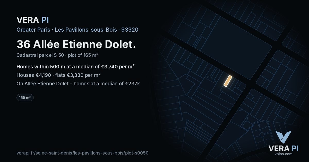 36 Allée Etienne Dolet, Les Pavillons-sous-Bois at night – the plot lit, the parcels around coloured by the prices near them