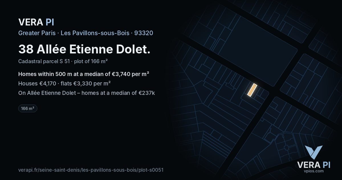 38 Allée Etienne Dolet, Les Pavillons-sous-Bois at night – the plot lit, the parcels around coloured by the prices near them