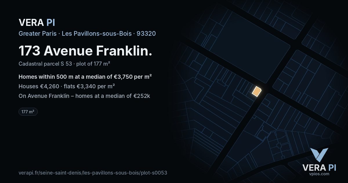 173 Avenue Franklin, Les Pavillons-sous-Bois at night – the plot lit, the parcels around coloured by the prices near them