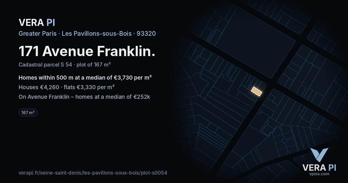 171 Avenue Franklin, Les Pavillons-sous-Bois at night – the plot lit, the parcels around coloured by the prices near them