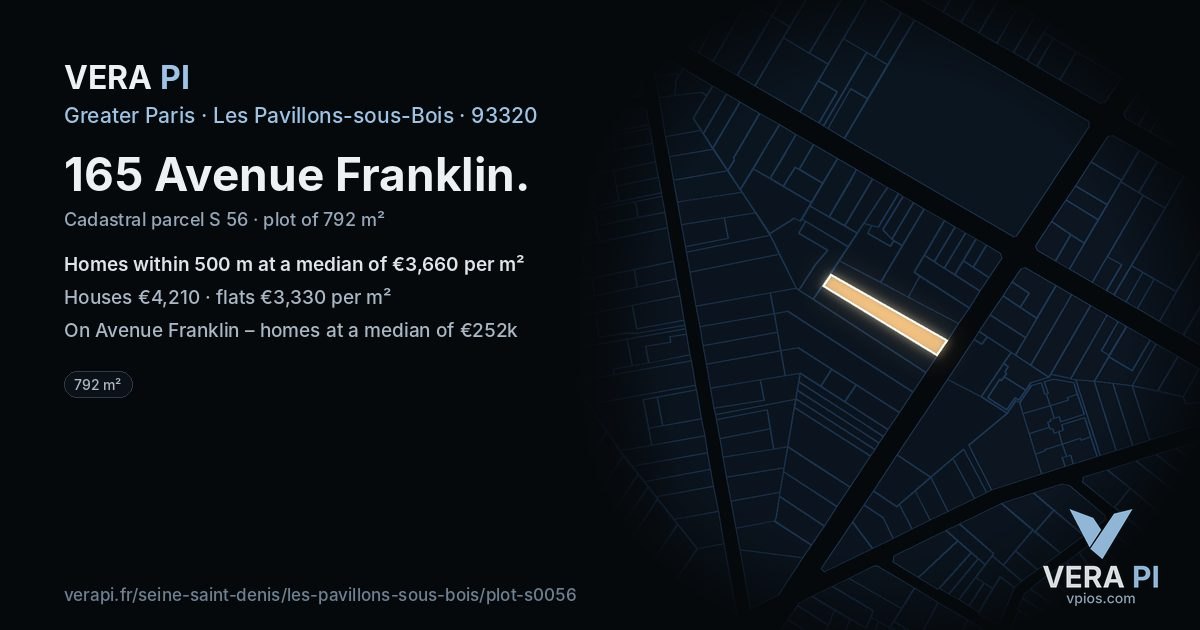 165 Avenue Franklin, Les Pavillons-sous-Bois at night – the plot lit, the parcels around coloured by the prices near them