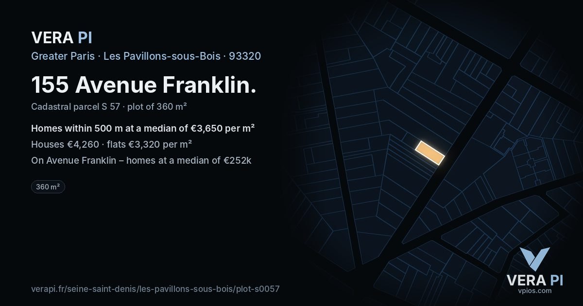 155 Avenue Franklin, Les Pavillons-sous-Bois at night – the plot lit, the parcels around coloured by the prices near them