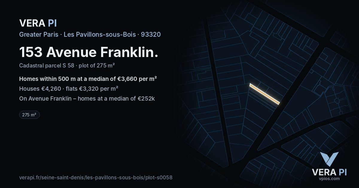 153 Avenue Franklin, Les Pavillons-sous-Bois at night – the plot lit, the parcels around coloured by the prices near them