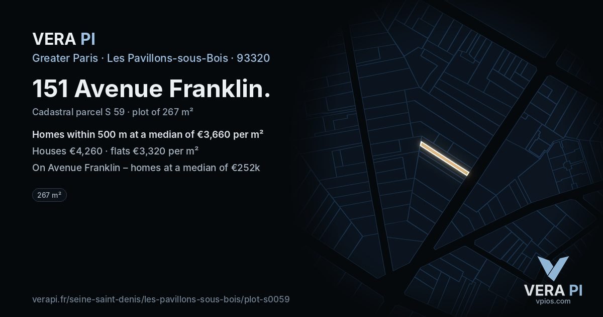151 Avenue Franklin, Les Pavillons-sous-Bois at night – the plot lit, the parcels around coloured by the prices near them